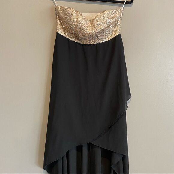 Gold Sequin Strapless Prom Graduation High Low Maxi Dress - Picture 3 of 7